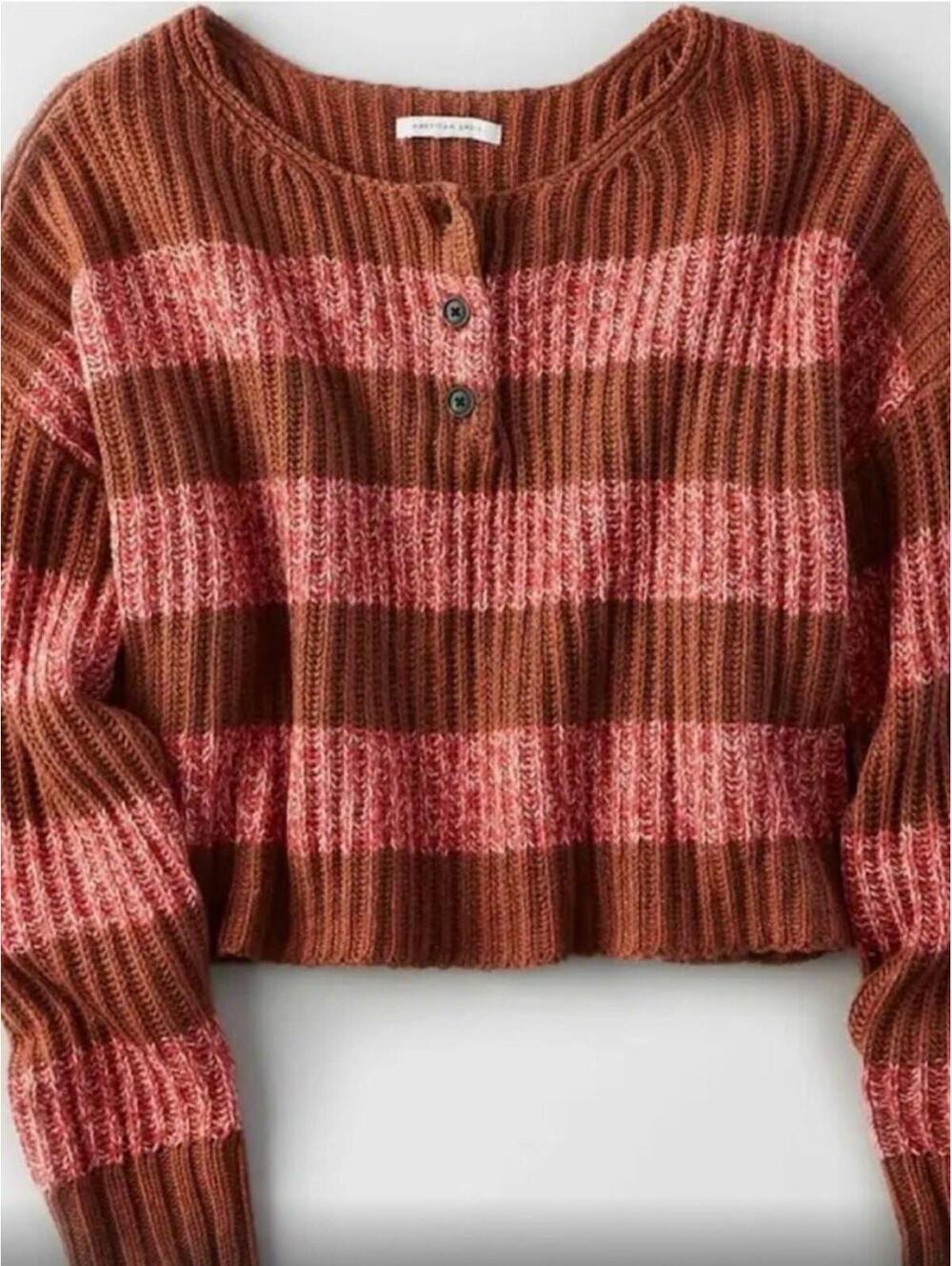American Eagle Striped Cropped Henley Sweater Brown Pink S
